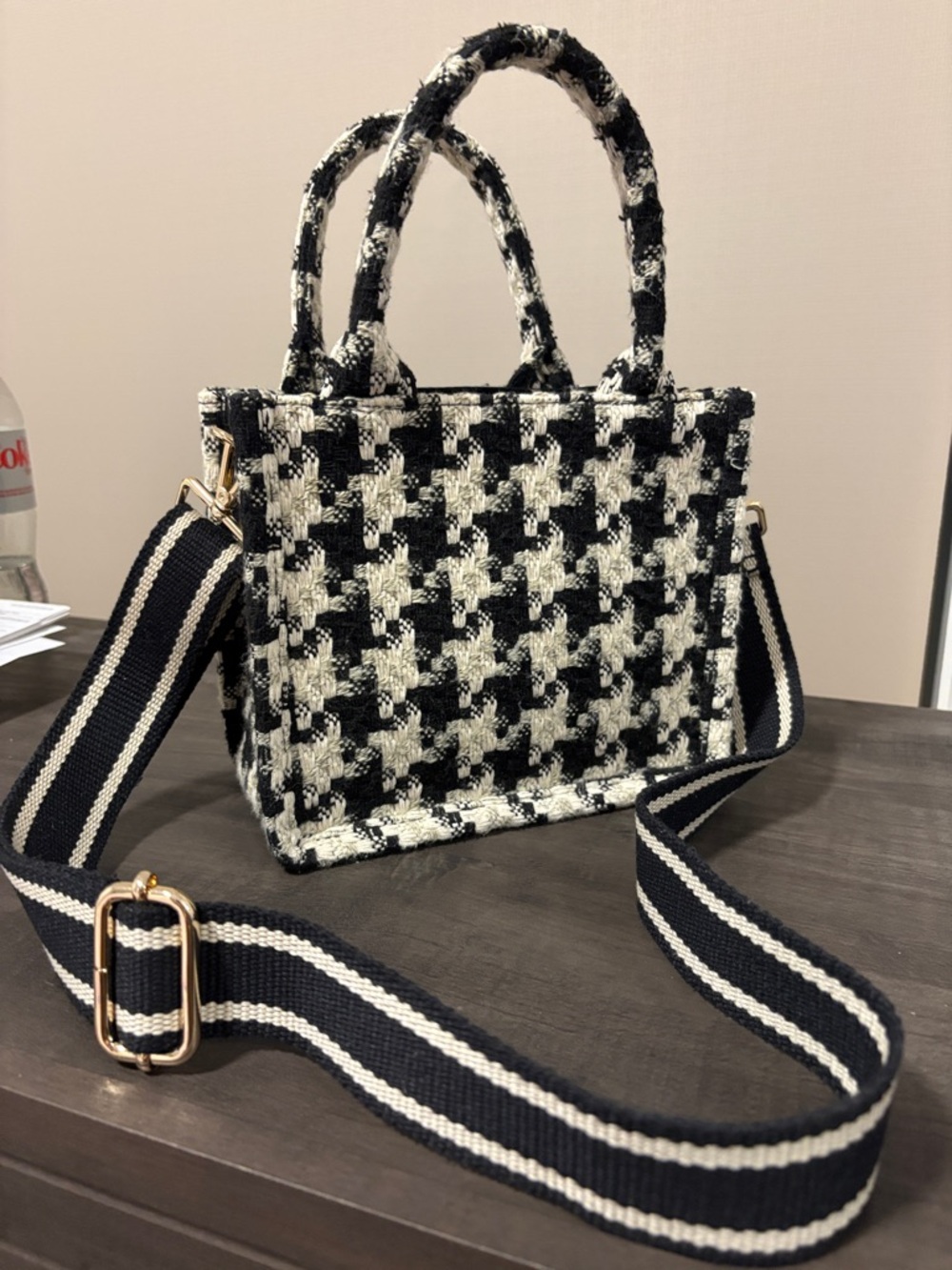 H&M Black & White Tweed Mini Tote Bag with Striped Strap
